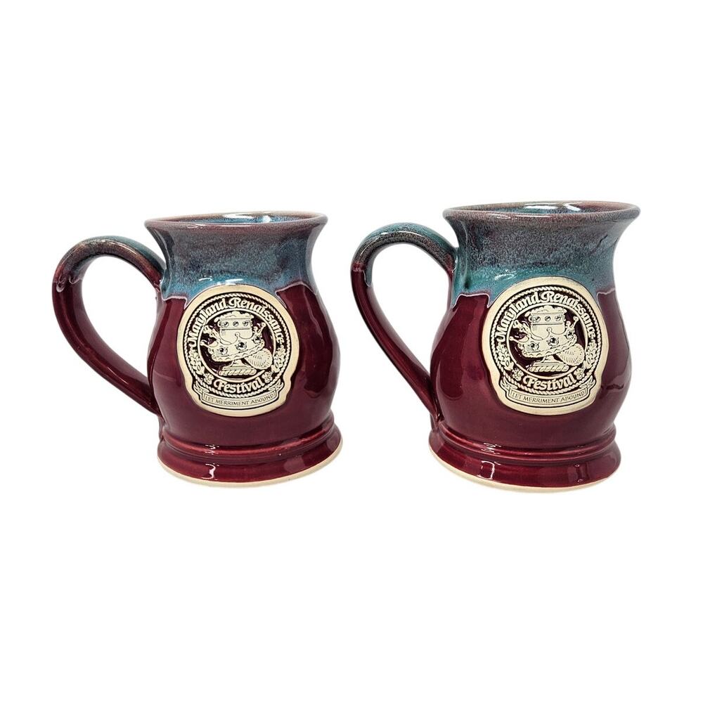 2 Maryland Renaissance Festival Purple Blue Handmade Pottery Mugs Stein